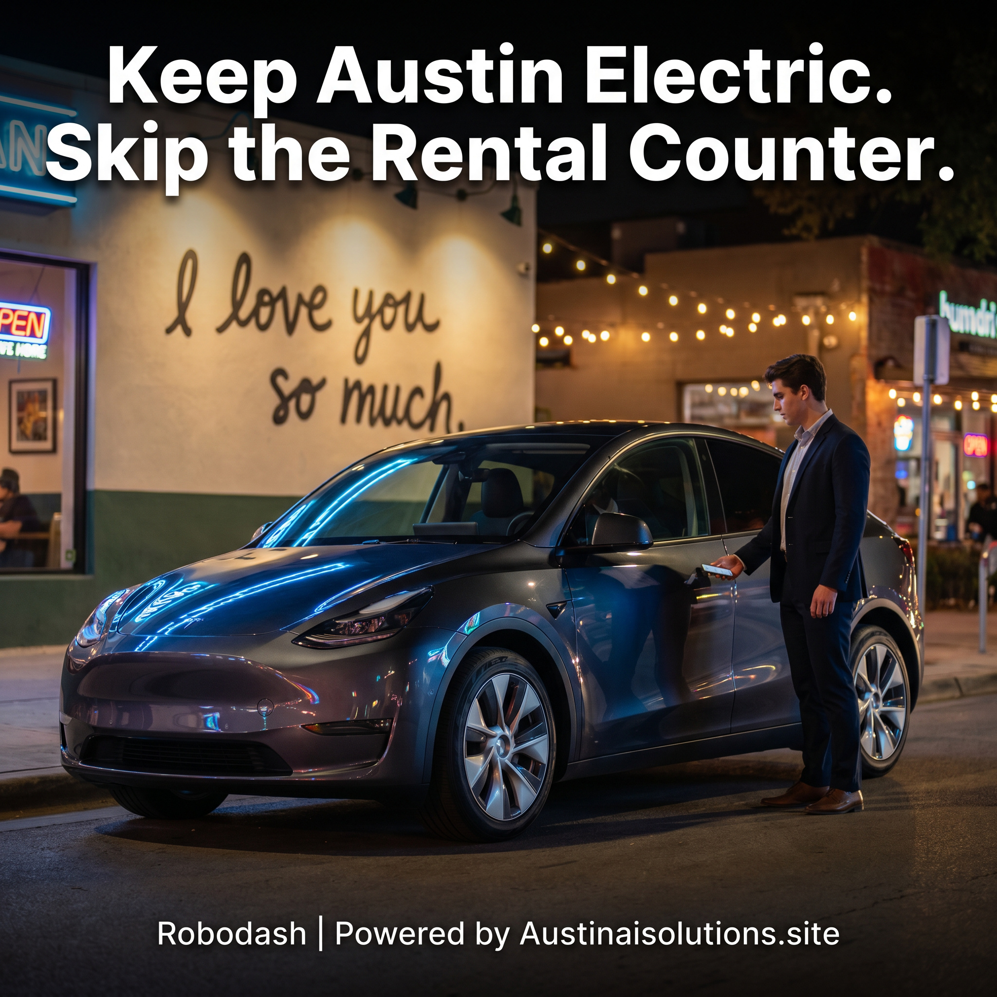Robodash static ad: Tesla Model Y at I love you so much mural on South Congress Avenue in Austin at night.