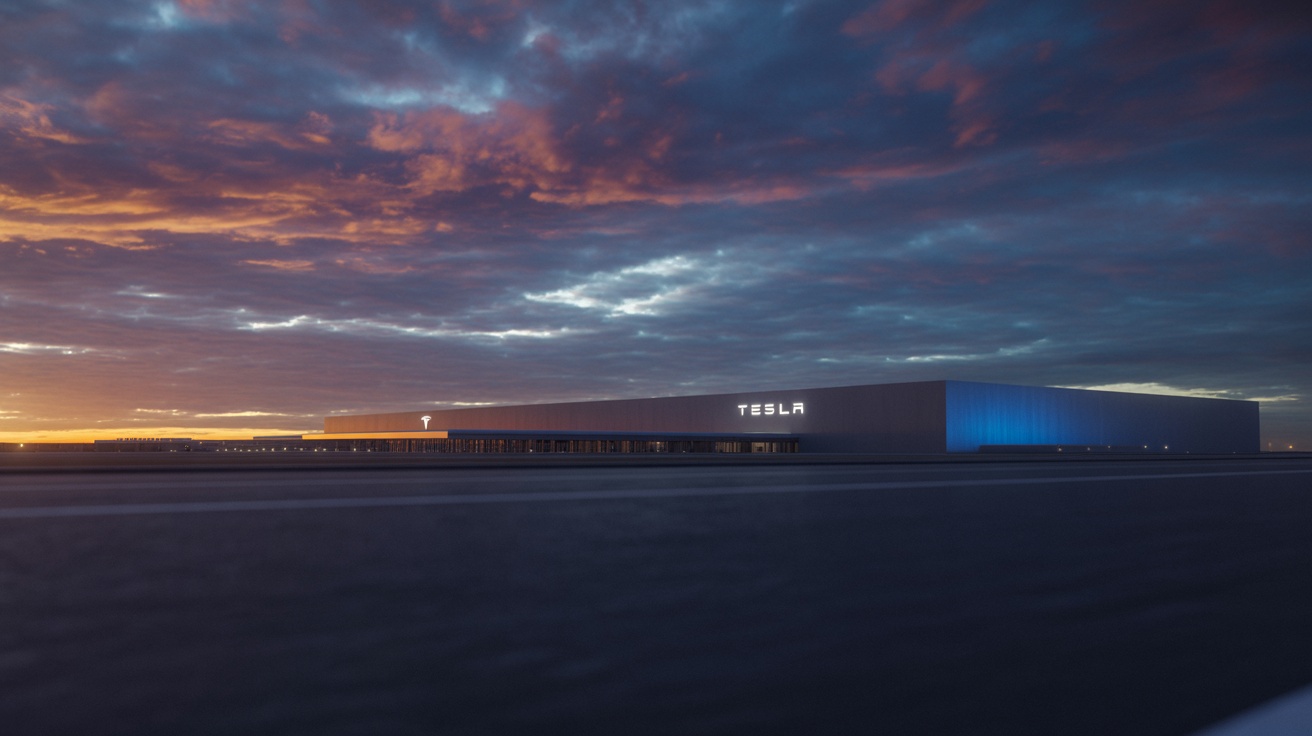 Giga Texas Tesla factory at dusk with dramatic sky near Austin.