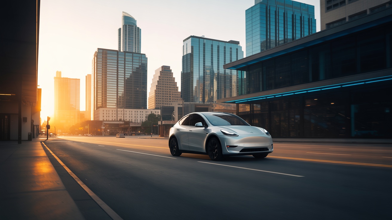 Tesla Model Y cruising through Downtown Austin skyline at golden hour.