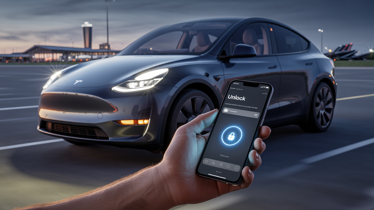 Hand holding smartphone unlocking a Diamond Black 2026 Tesla Model Y at Austin-Bergstrom Airport at night.