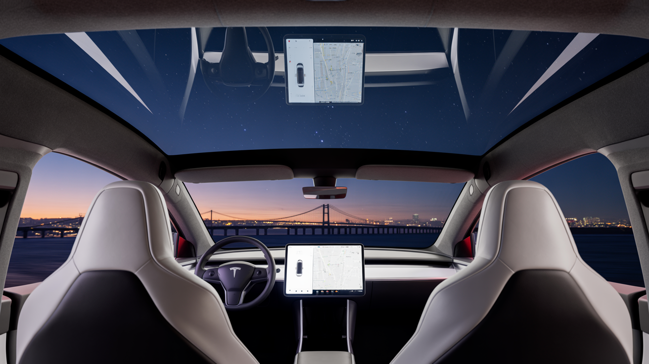 Interior POV of 2026 Tesla Model Y Infinity Glass roof with White Vegan Leather and Austin city lights visible overhead.