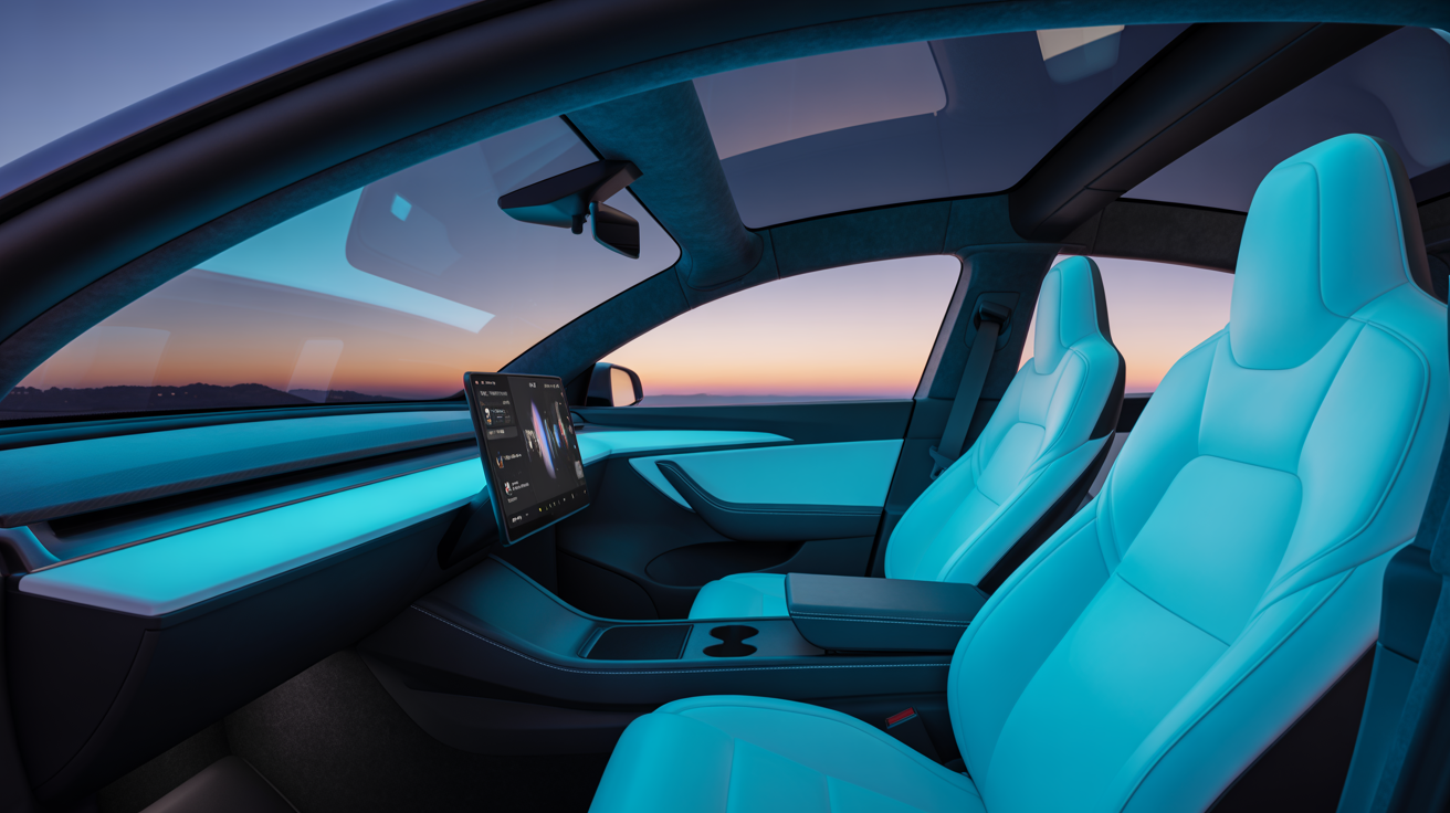 Tesla Model Y interior with Electric Blue RGB ambient lighting, Infinity Glass roof showing Austin twilight sky.