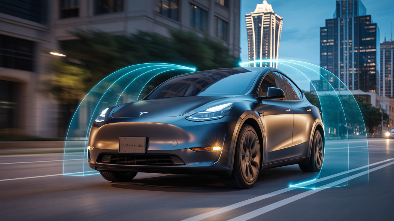 Diamond Black 2026 Tesla Model Y with HW 4.5 vision sensors active driving near Frost Bank Tower in Austin at night.