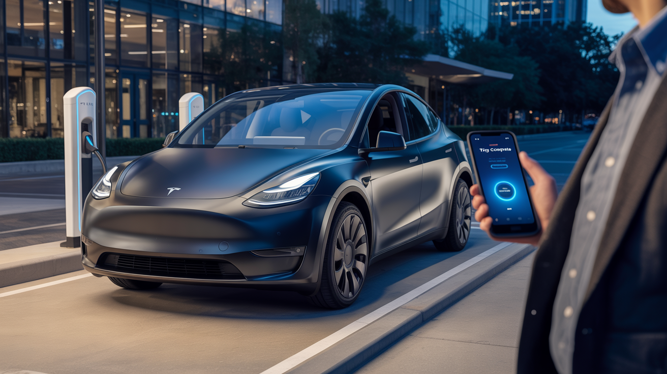 Diamond Black Tesla Model Y at a Smart-Dock charging station near The Domain in Austin with Trip Complete on phone.