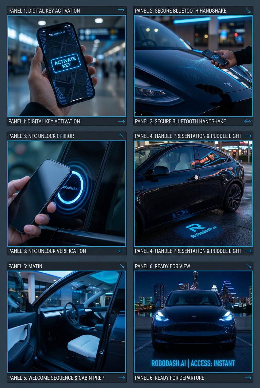 Access Protocol storyboard — App activation → door handle extension at Austin-Bergstrom.