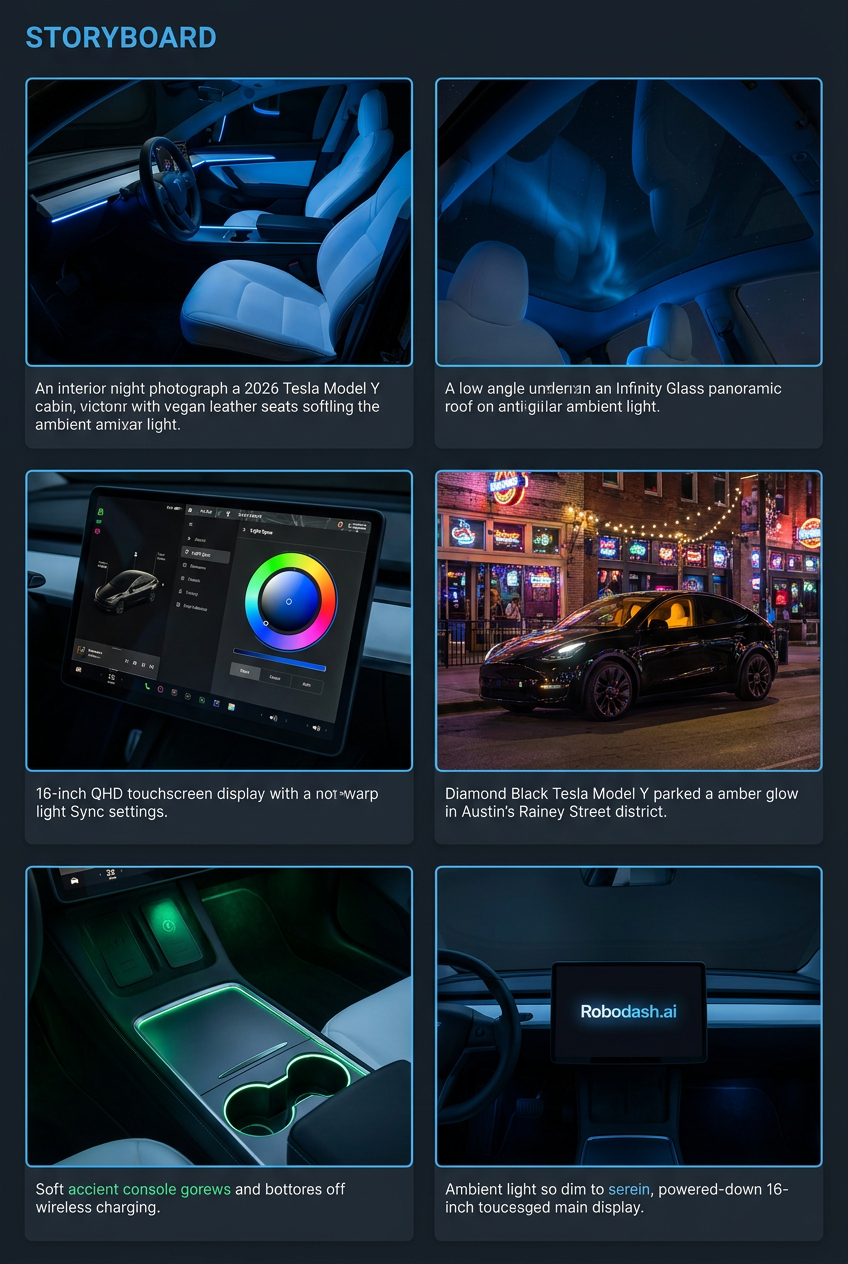 Light Sync 2.0 storyboard — Ambient LED system, 16″ QHD UI, emerald console accents.