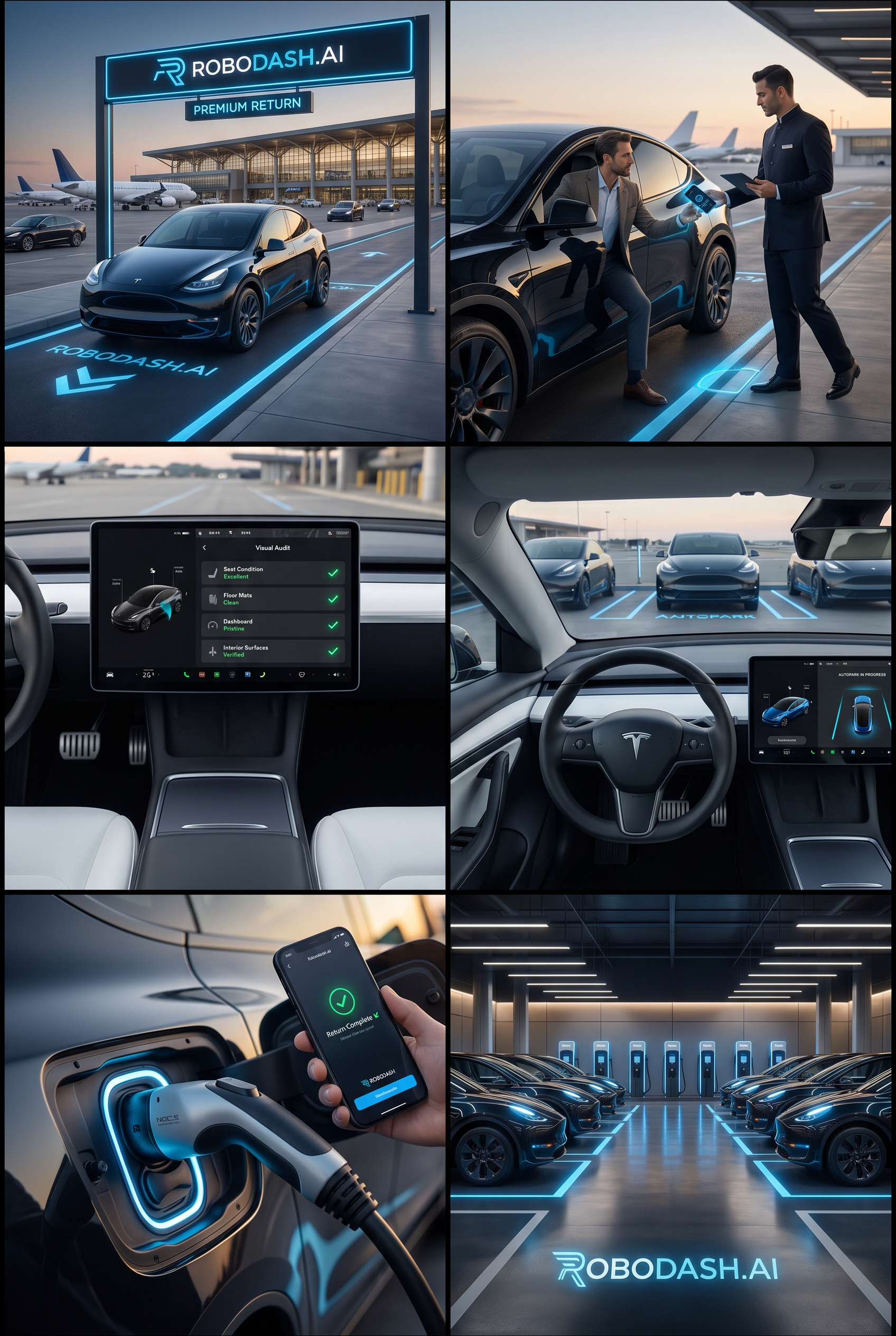 Smart-Dock Return storyboard — NFC hand-off, visual audit, Autopark dock, NACS charge.
