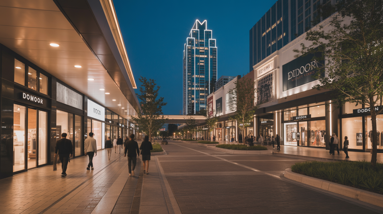 The Domain upscale shopping district in Austin at night with modern architecture.